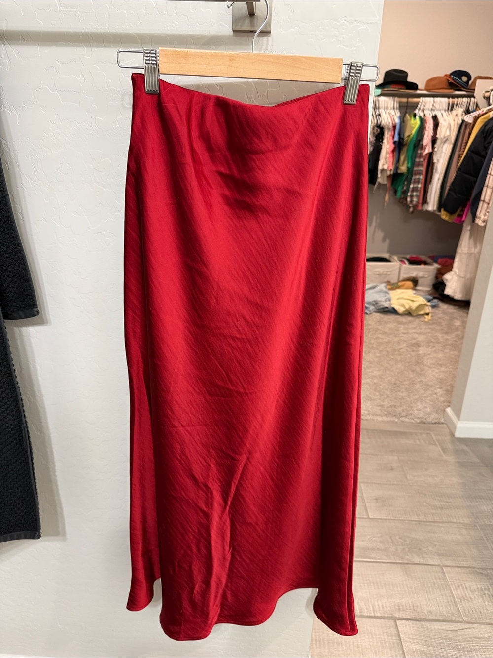 Red Satin Slip Skirt - Women's Elegant Midi
